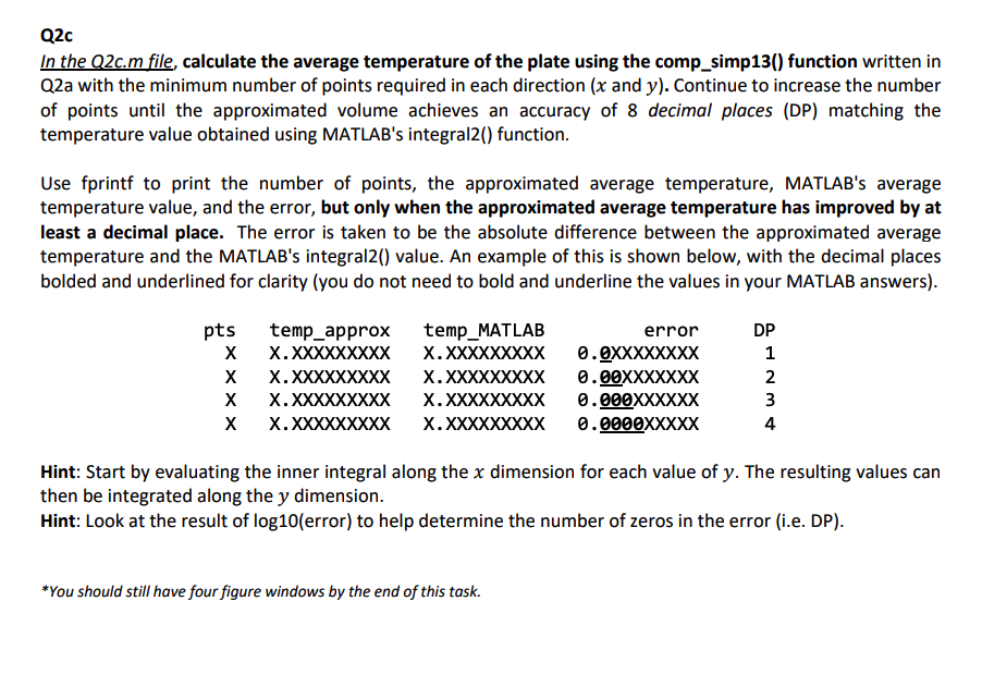 Q2c In the Q2c.m file, calculate the average temperature of the plate using the comp_simp13() function written in Q2a with th