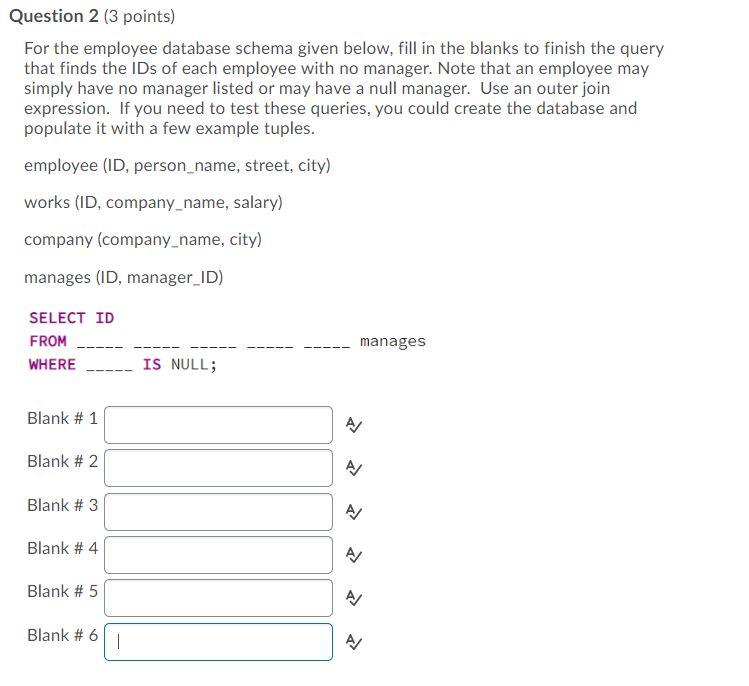 Solved Question 2 (3 points) For the employee database | Chegg.com