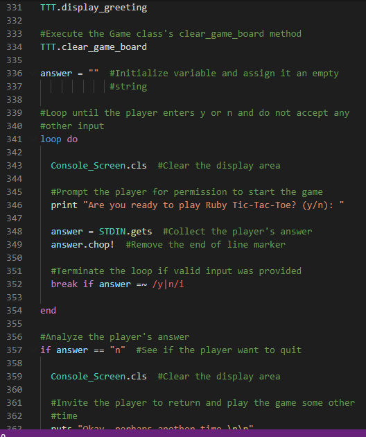 331 TIT.display_greeting 332 333 #Execute the Game classs clear_game_board method TIL.clear_game_board 334 335 336 answer =