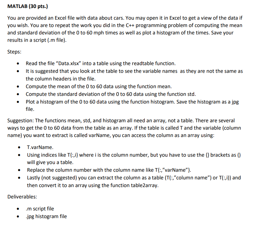 Solved MATLAB (30 ﻿pts.)You are provided an Excel file with | Chegg.com