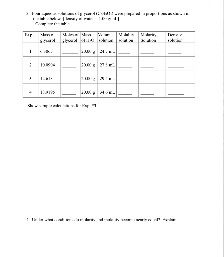 Solved 3. Four aqueous solutions of glycerol (C3H8O3) were | Chegg.com