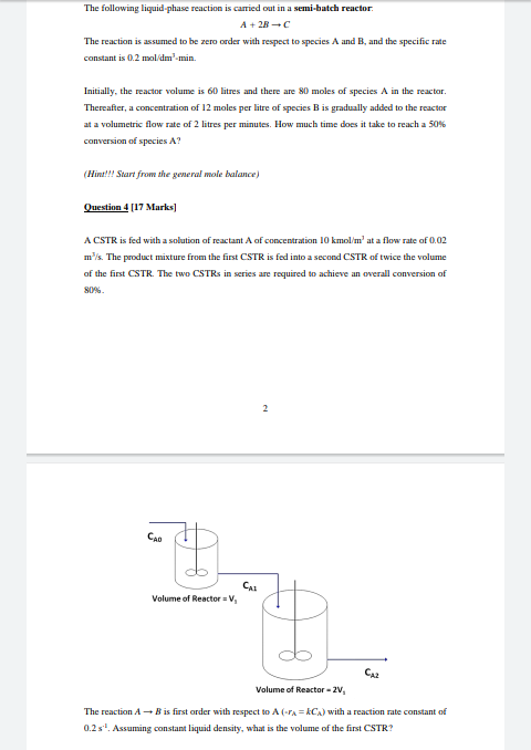 Solved The following liquid-phase reaction is carried out in | Chegg.com
