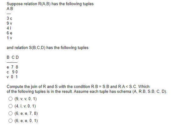 Solved Suppose relation R(A,B) has the following tuples AB | Chegg.com
