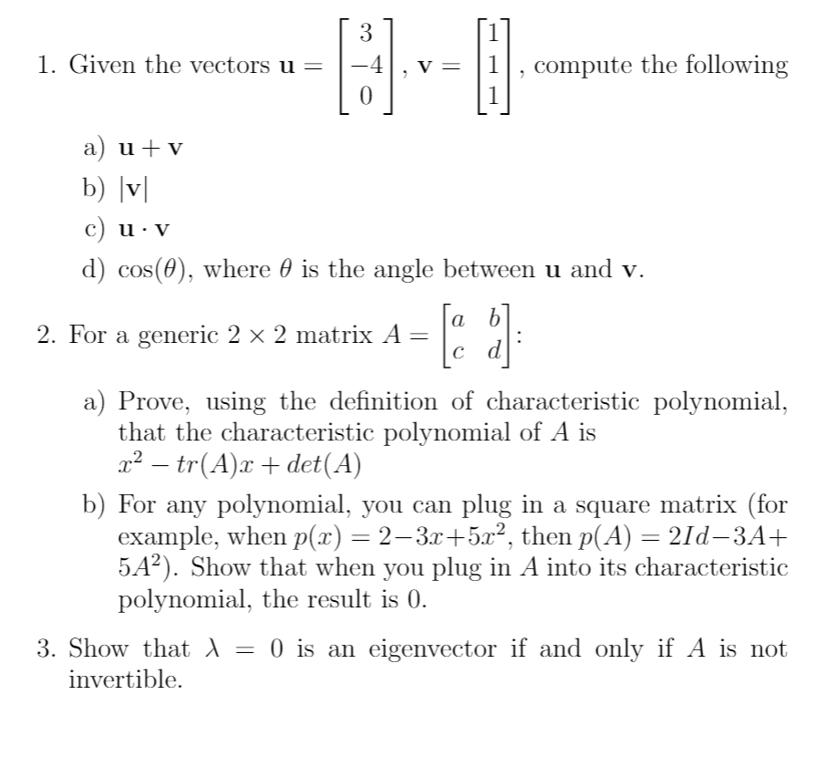 Solved 3 1. Given the vectors u = -4 V= 1 1 compute the | Chegg.com