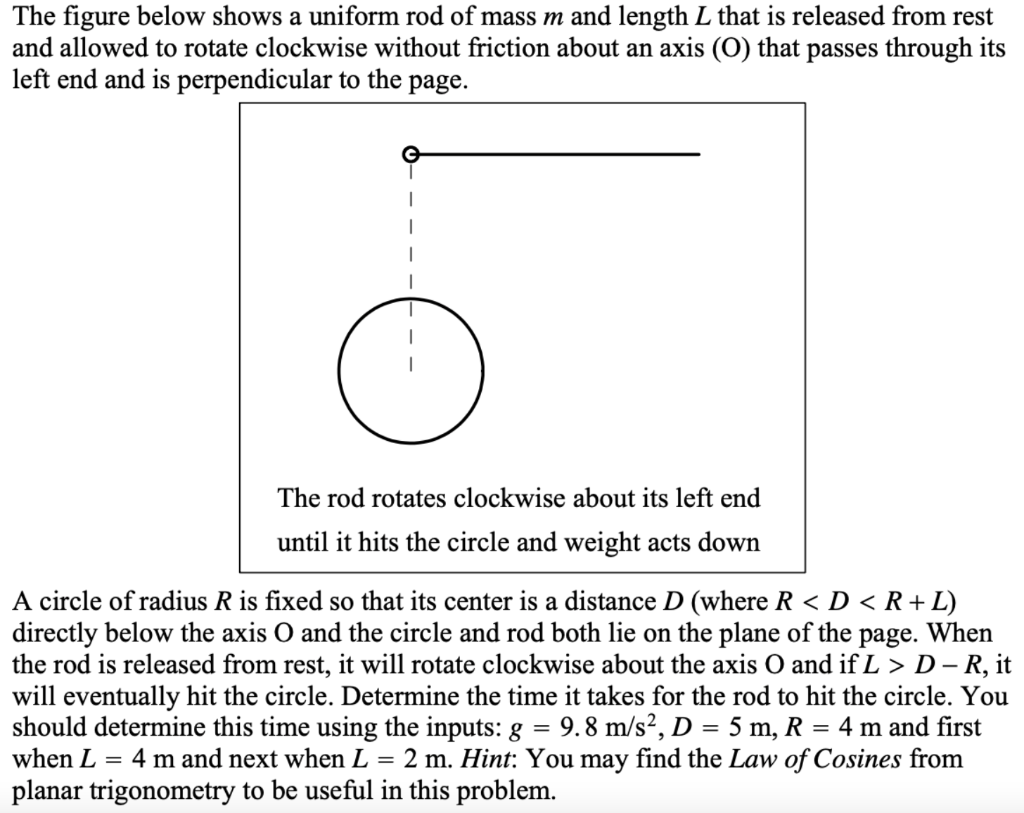 The figure below shows a uniform rod of mass m and length L that is released from rest
and allowed to rotate clockwise withou