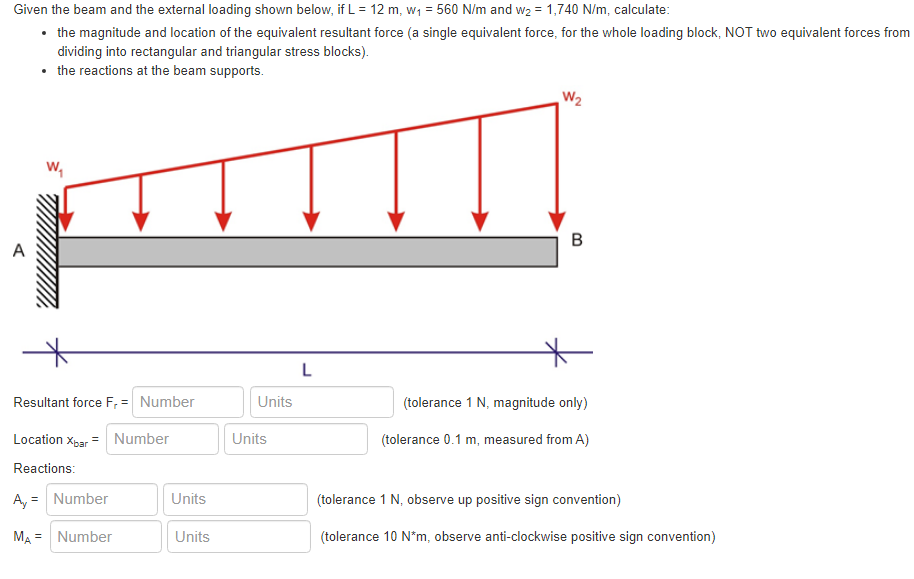 Given the beam and the external loading shown below, if \( \mathrm{L}=12 \mathrm{~m}, \mathrm{w}_{1}=560 \mathrm{~N} / \mathr