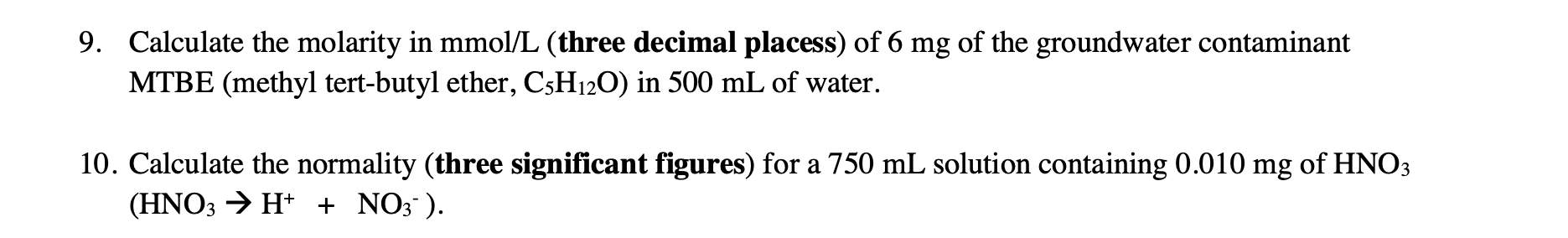 Solved 9. Calculate the molarity in mmol/L (three decimal | Chegg.com