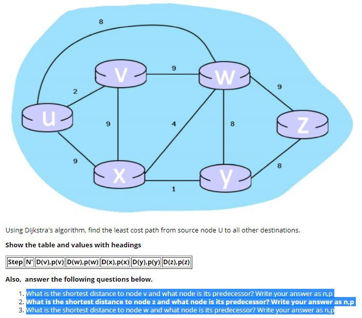 Solved 8 9 V W 2 U 8 z 8 00 X ty Using Dijkstra's algorithm, | Chegg.com