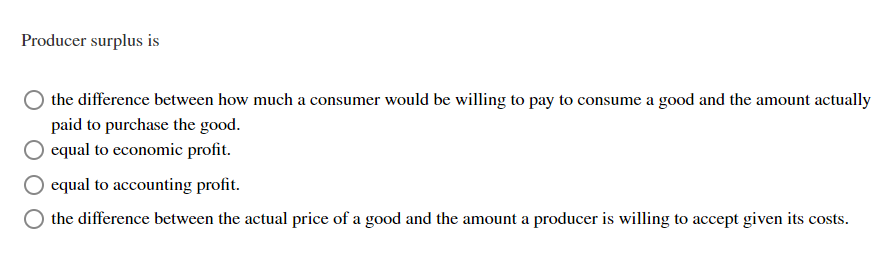 Solved Producer surplus is the difference between how much a | Chegg.com