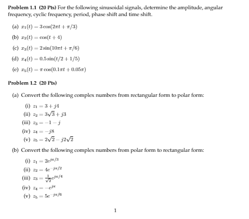 Solved Problem 1.1 (20 Pts) For the following sinusoidal | Chegg.com