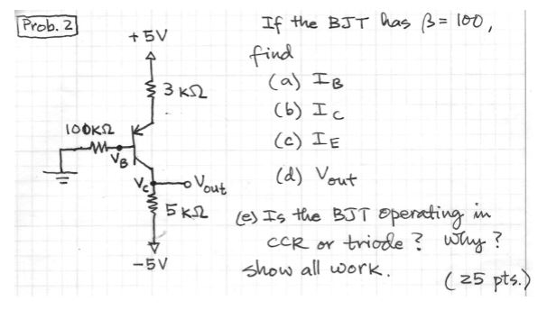 Solved Prob 3 Ut 3k2 Look 2 Wh If The Bjt Has Ss 100 F Chegg Com