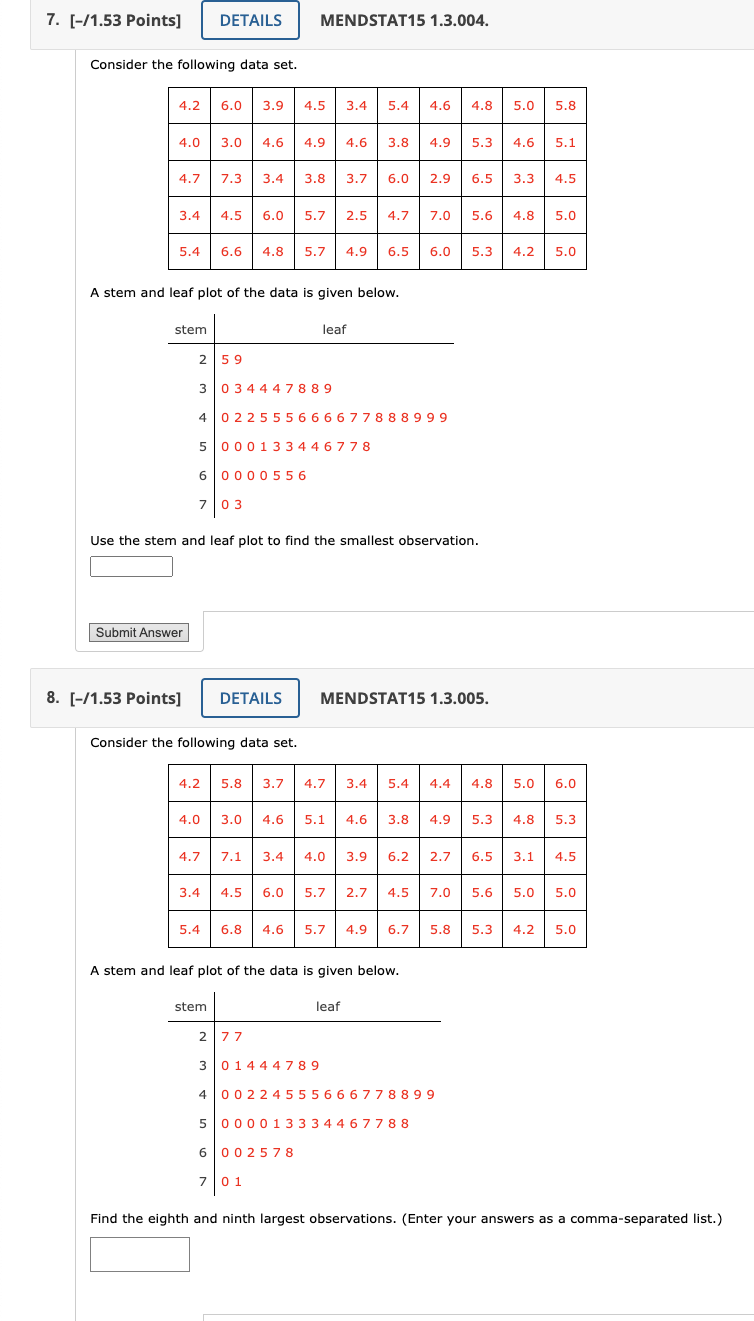 Solved Consider the following data set. A stem and leaf plot | Chegg.com