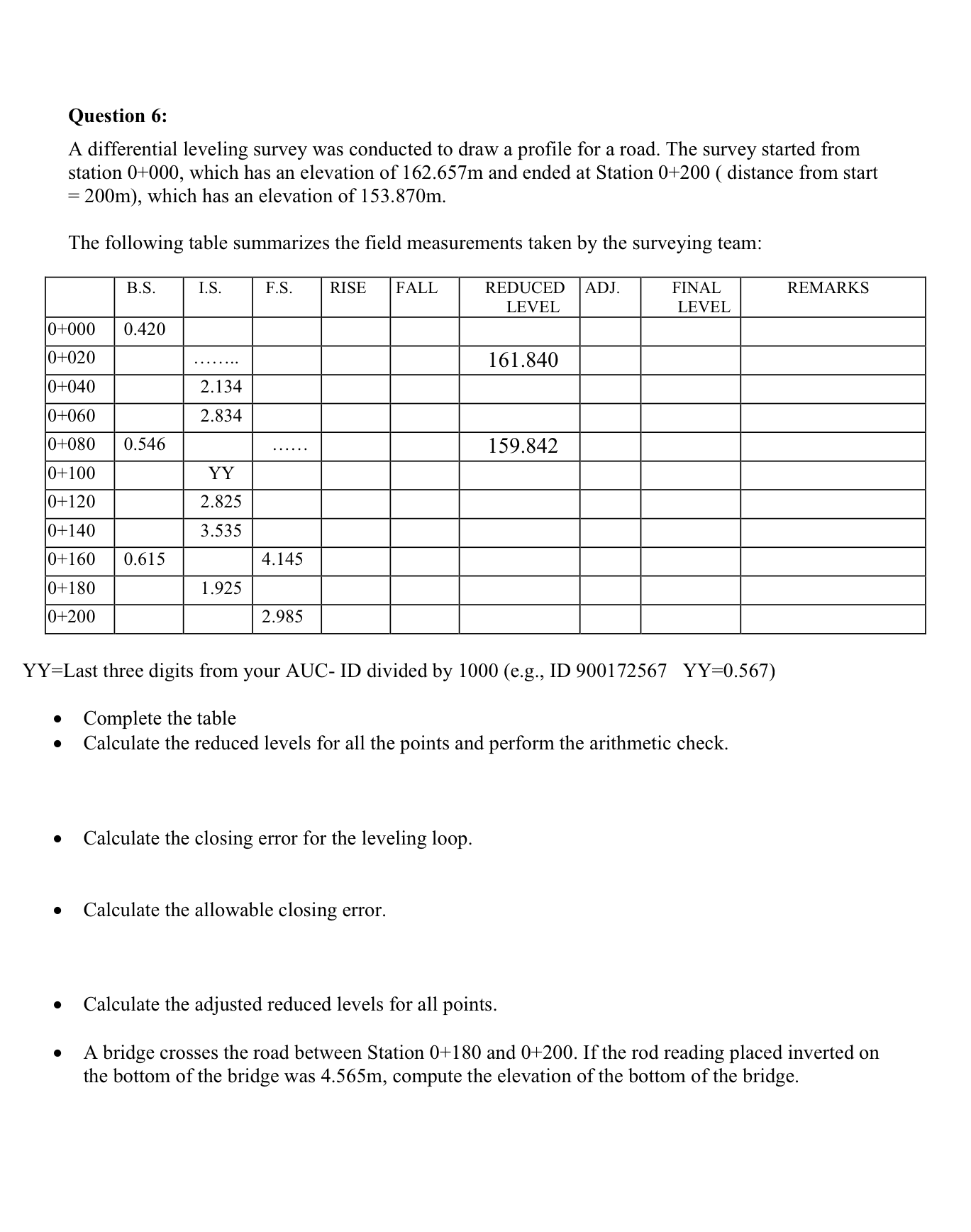 Solved Question 6 A differential leveling survey was