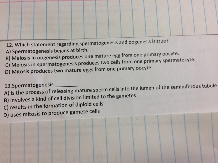 Solved 12. Which statement regarding spermatogenesis and | Chegg.com