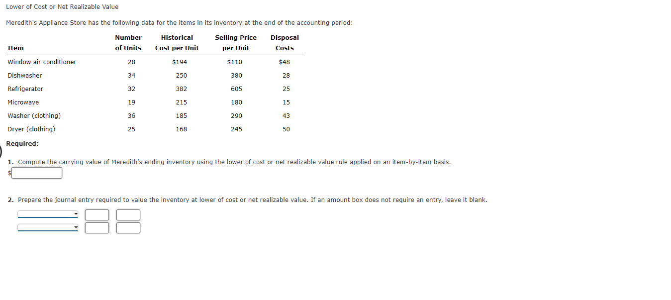 Solved Lower of Cost or Net Realizable ValueMeredith's | Chegg.com