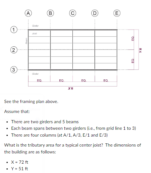 A
B)
D
E
Gider
1
Jose
EQ.
Seam
2
YA
EQ
3
Guder
EQ.
EQ
EQ
EQ
X
See the framing plan above.
Assume that:
• There are two girder