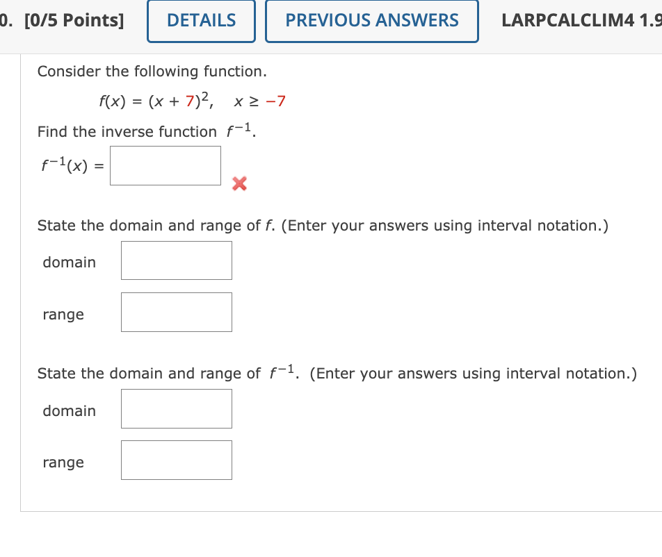 Solved Consider the following function. f(x)=(x+7)2,x≥−7 | Chegg.com