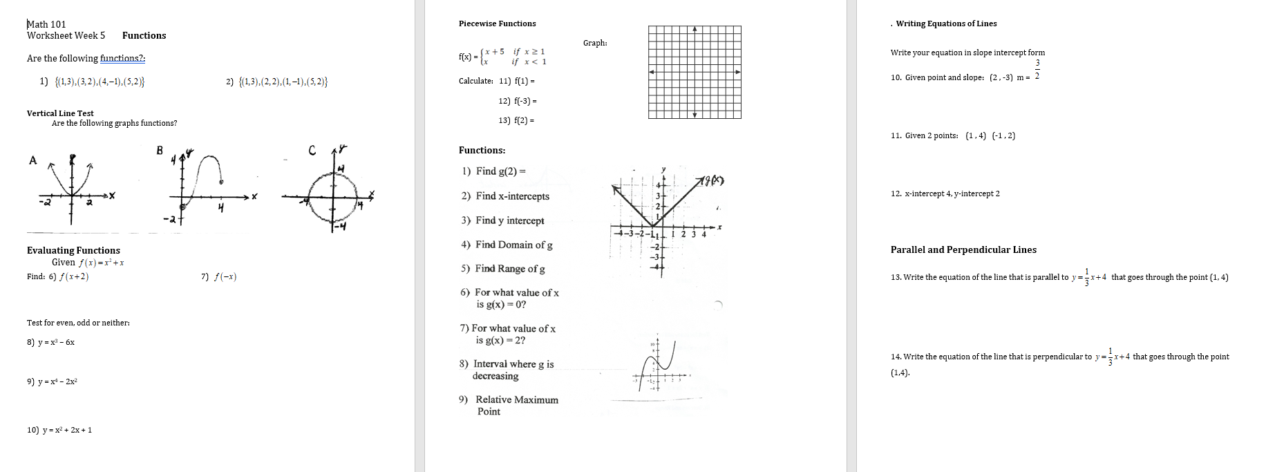 Solved Piecewise Functions Math 23 Worksheet Week 23 .  Chegg.com Regarding Evaluating Piecewise Functions Worksheet