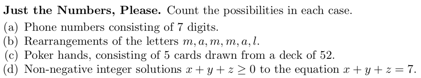 Solved Just the Numbers, Please. Count the possibilities in | Chegg.com