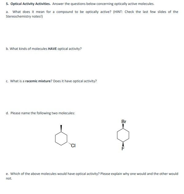 Solved Optical Activity Activities. Answer the questions | Chegg.com