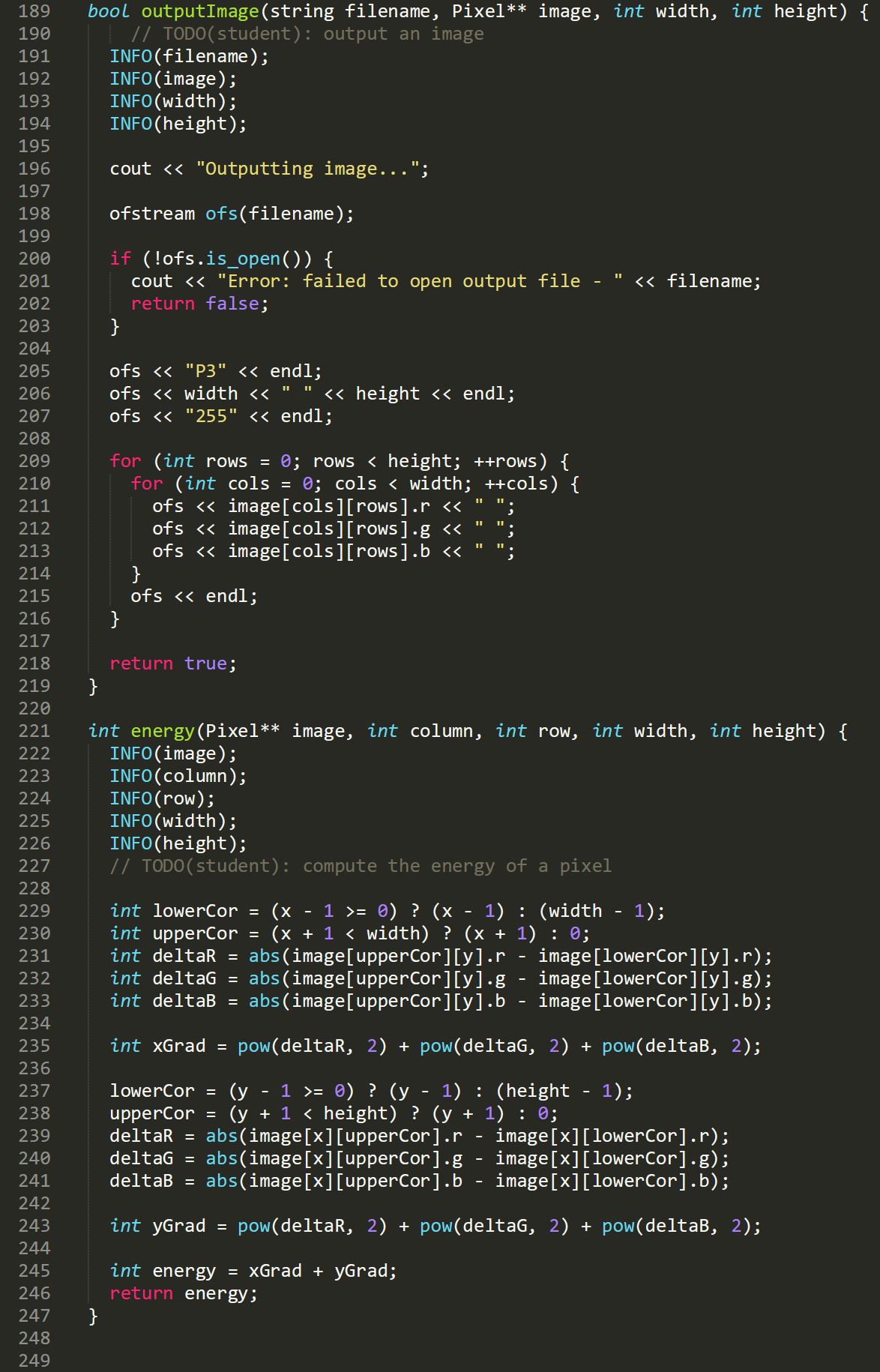 Solved PLEASE HELP!! Seam Carving Pt. 2 C++ I need help with | Chegg.com
