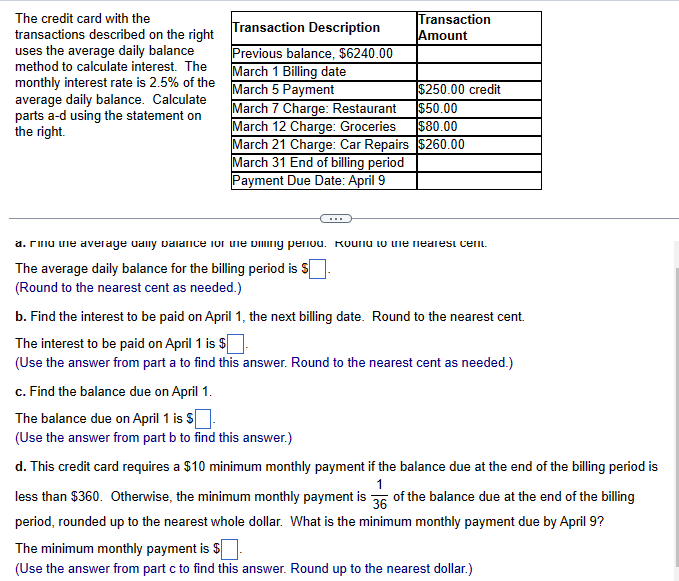 Solved The Credit Card With The Transactions Described On | Chegg.com