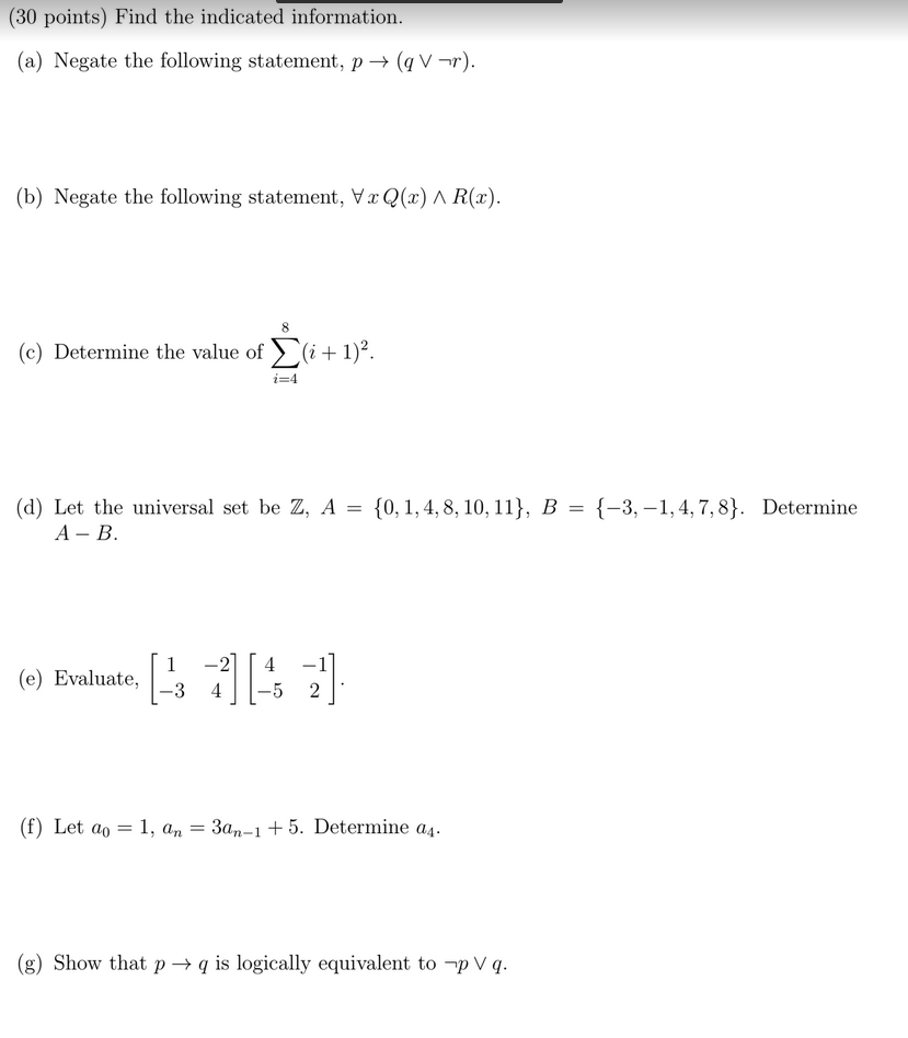 Solved 30 Points Find The Indicated Information A Chegg Com