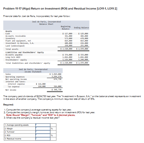 Solved Problem 11-17 (Algo) Return on Investment (ROI) and | Chegg.com