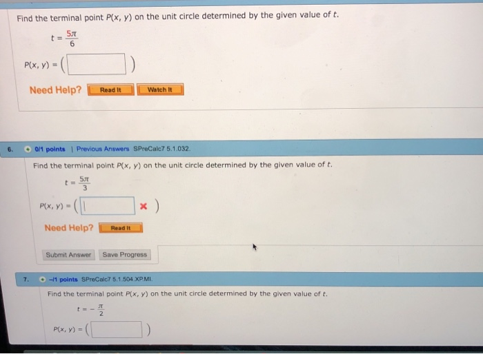 Solved Find the terminal point Plx, y) on the unit circle | Chegg.com