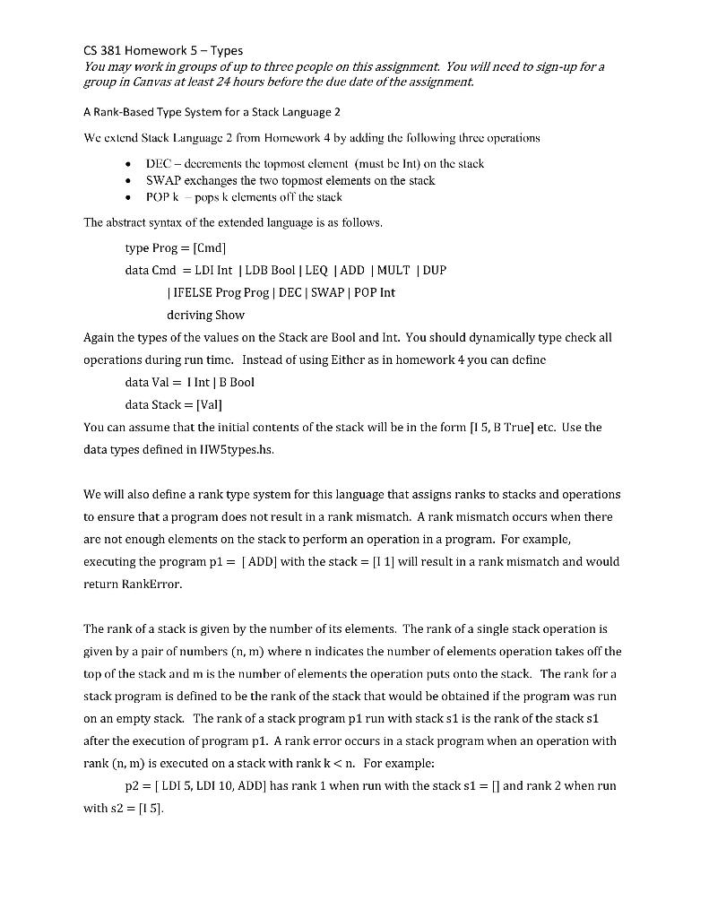 Solved CS 381 Homework 5 - Types You may work in groups of | Chegg.com