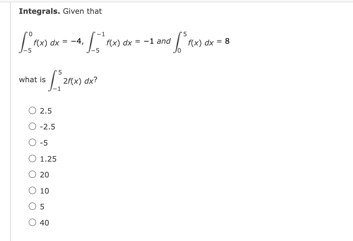 Solved Integrals. Given That ∫−50f(x)dx=−4,∫−5−1f(x)dx=−1 | Chegg.com