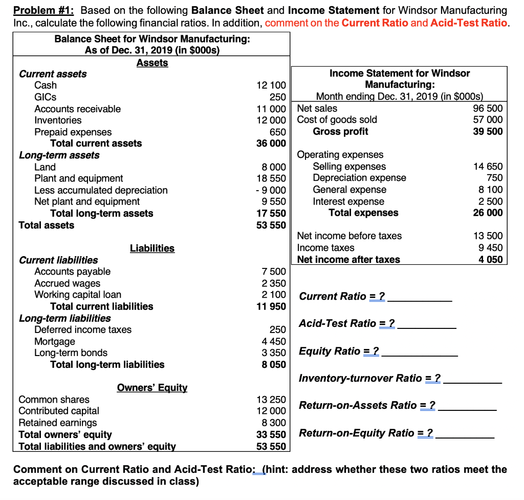 Solved Problem #1: Based on the following Balance Sheet and | Chegg.com