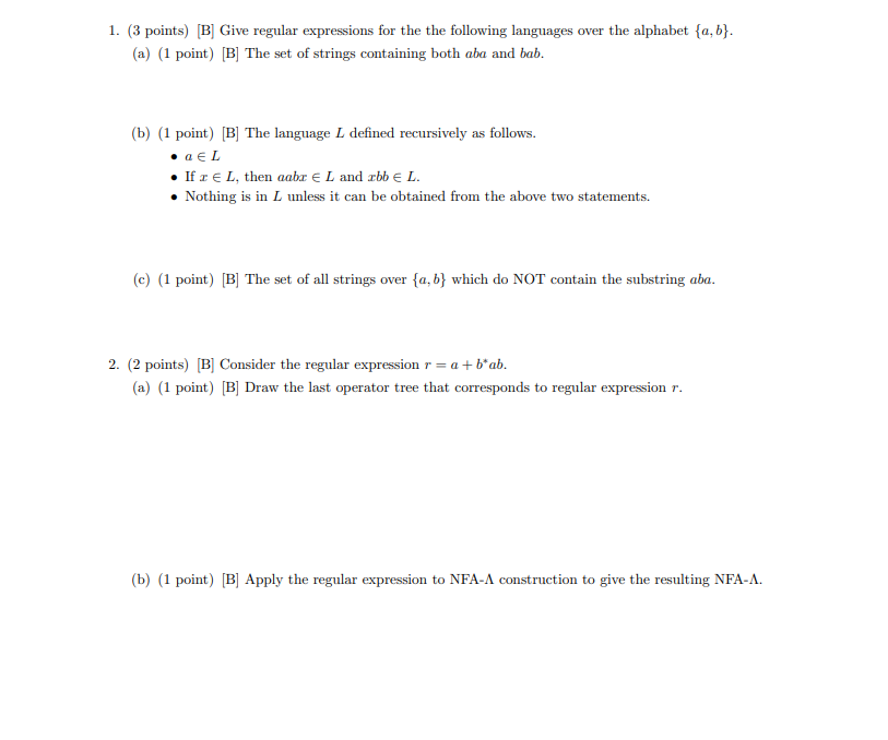 Solved 1. (3 Points) [B] Give Regular Expressions For The | Chegg.com