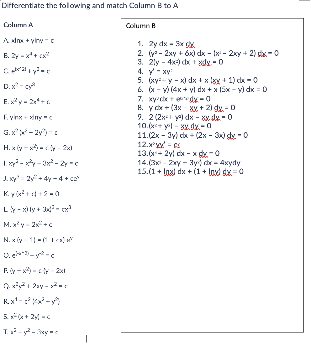 Solved Differentiate The Following And Match Column B To A | Chegg.com