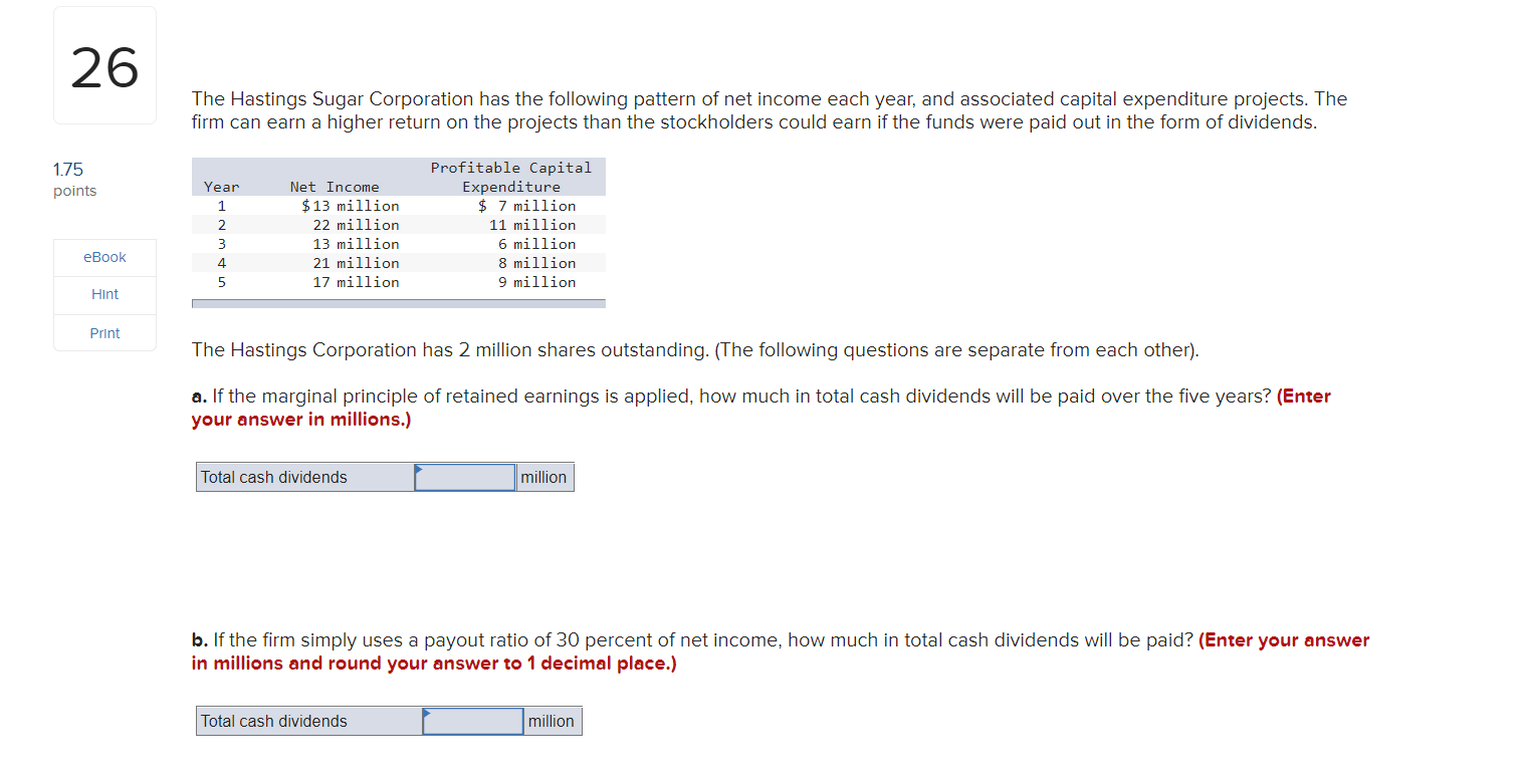 Solved 26 The Hastings Sugar Corporation has the following | Chegg.com