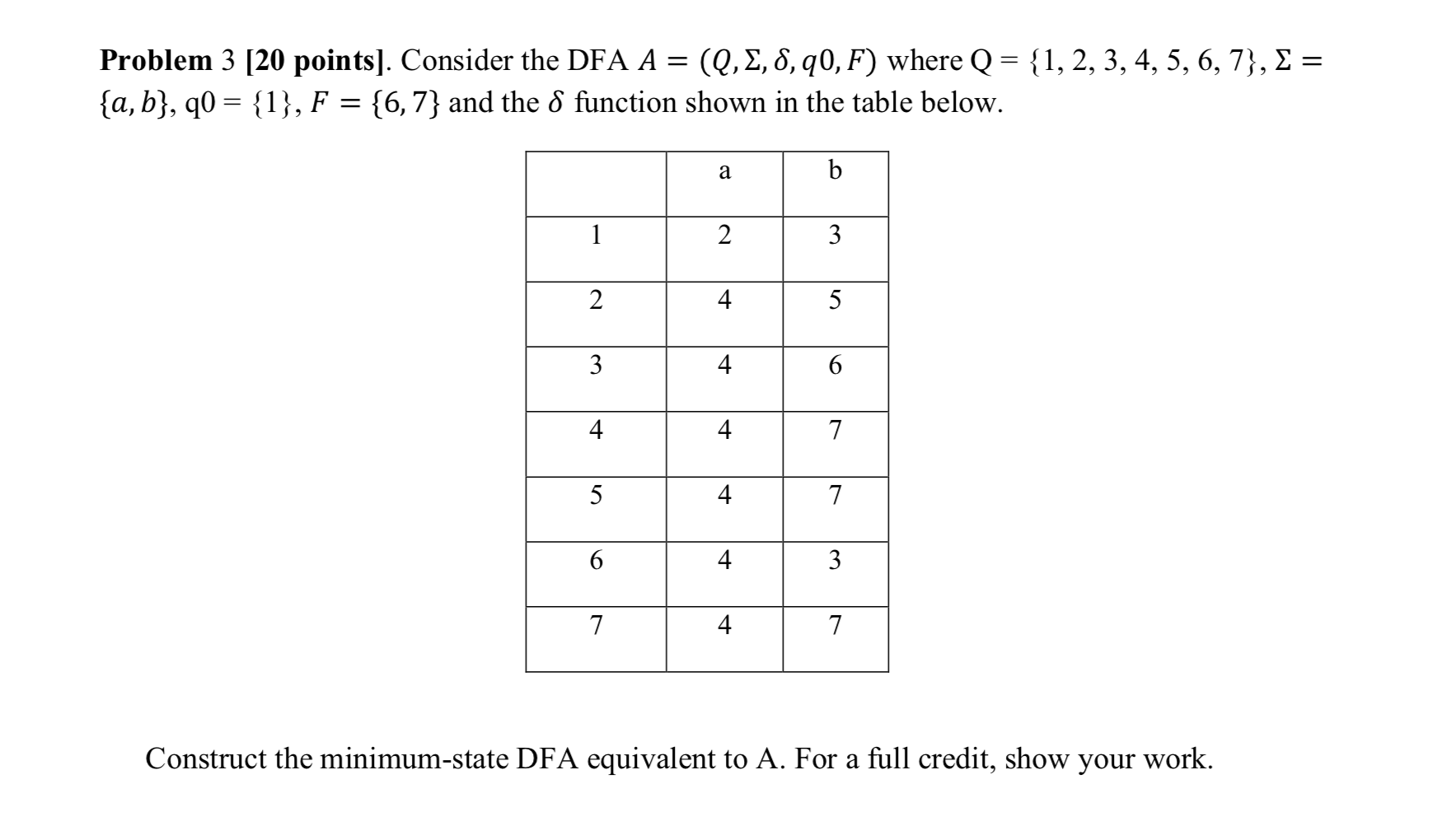 Solved Problem 3 [20 points). Consider the DFA A = (Q, 8, 8, | Chegg.com