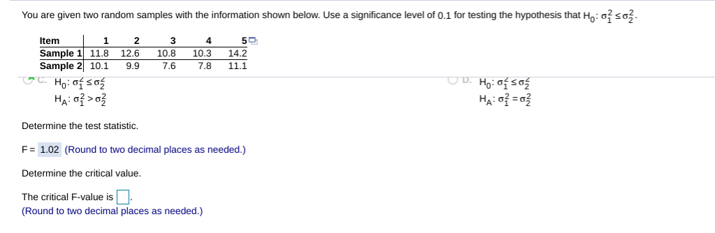 Solved You are given two random samples with the information | Chegg.com