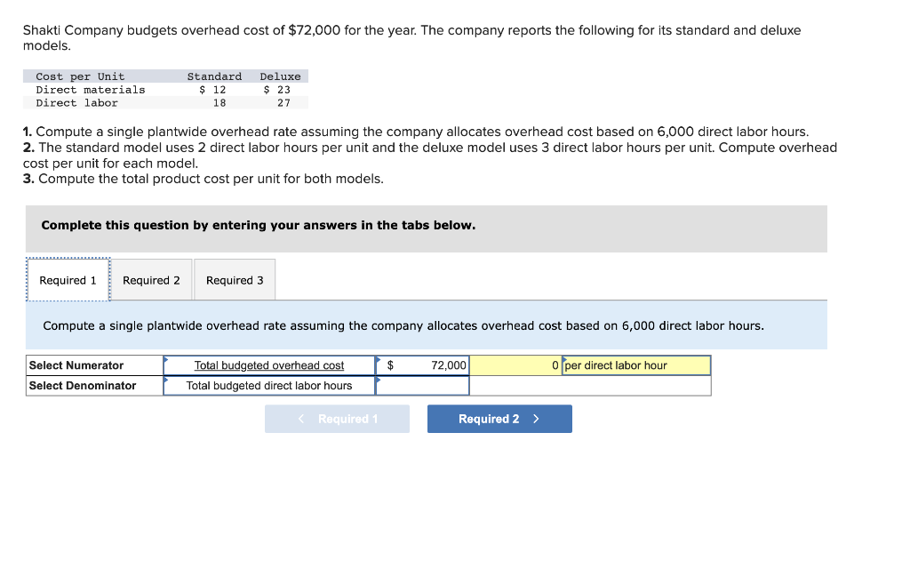 Shakti Company budgets overhead cost of $72,000 for the year. The company reports the following for its standard and deluxe
m