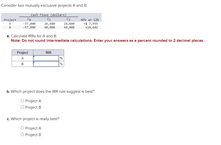 Solved Consider two mutually exclusive projects A and B : a. | Chegg.com
