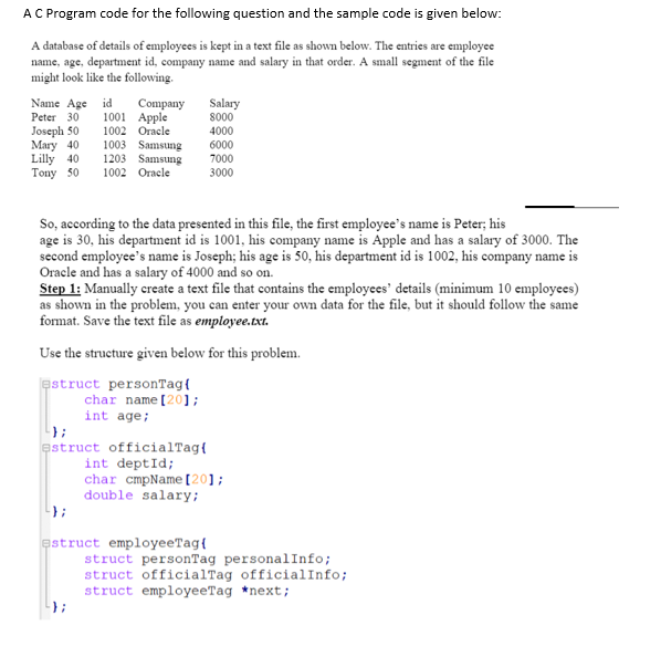 A C Program code for the following question and the | Chegg.com