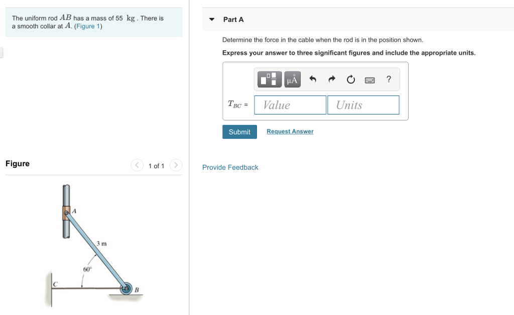 Solved The uniform rod AB has a mass of 55 kg. There is a | Chegg.com