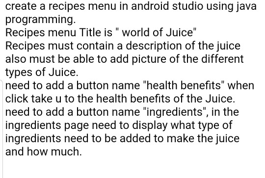 create a recipes menu in android studio using java | Chegg.com