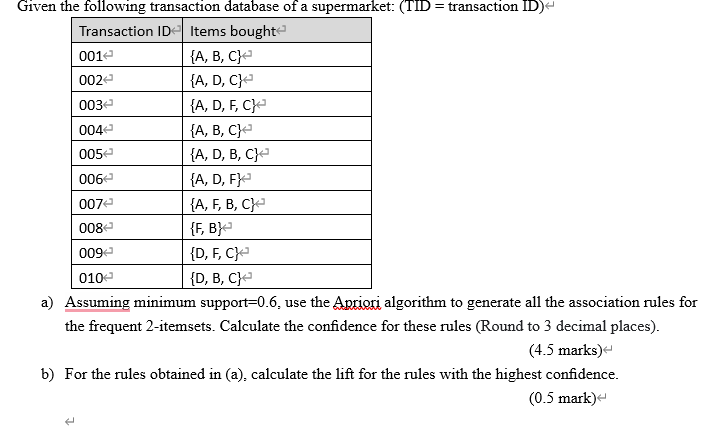 Solved = Given The Following Transaction Database Of A | Chegg.com