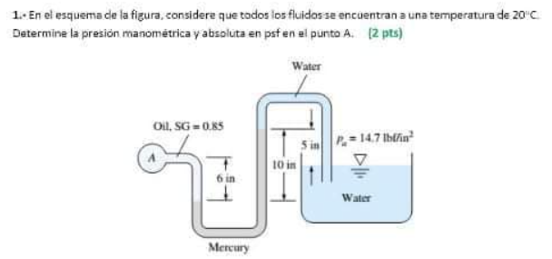 1.- En el esquema de la figura, considere que todos los fluidos se encuentran a una temperatura de 20ºC. Determine la presión