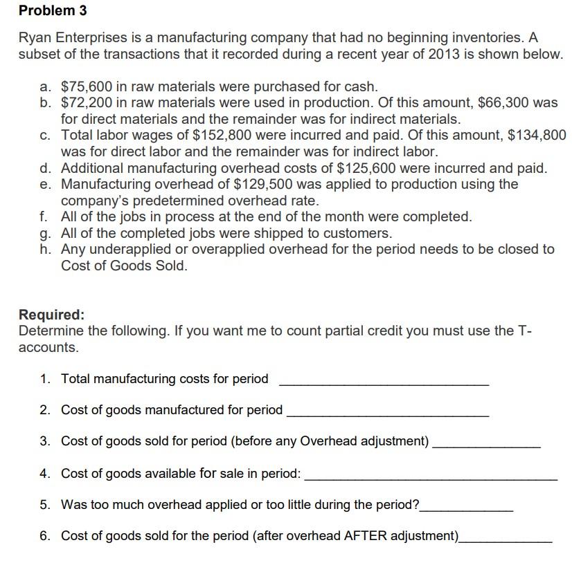 Solved Problem 3 Ryan Enterprises is a manufacturing company | Chegg.com