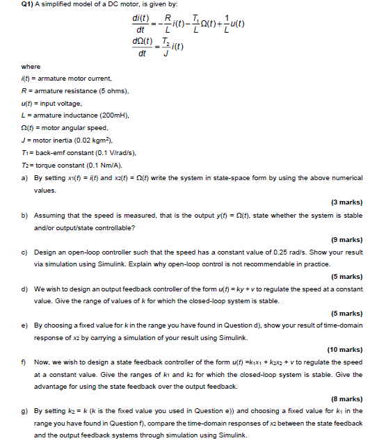 Solved Q1) A simplified model of a DC motor, is given by: | Chegg.com