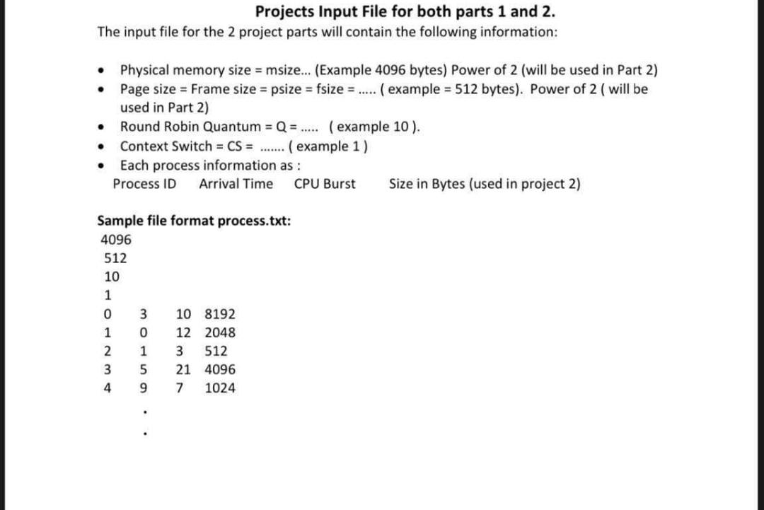 Projects Input File for both parts 1 and 2. The input | Chegg.com