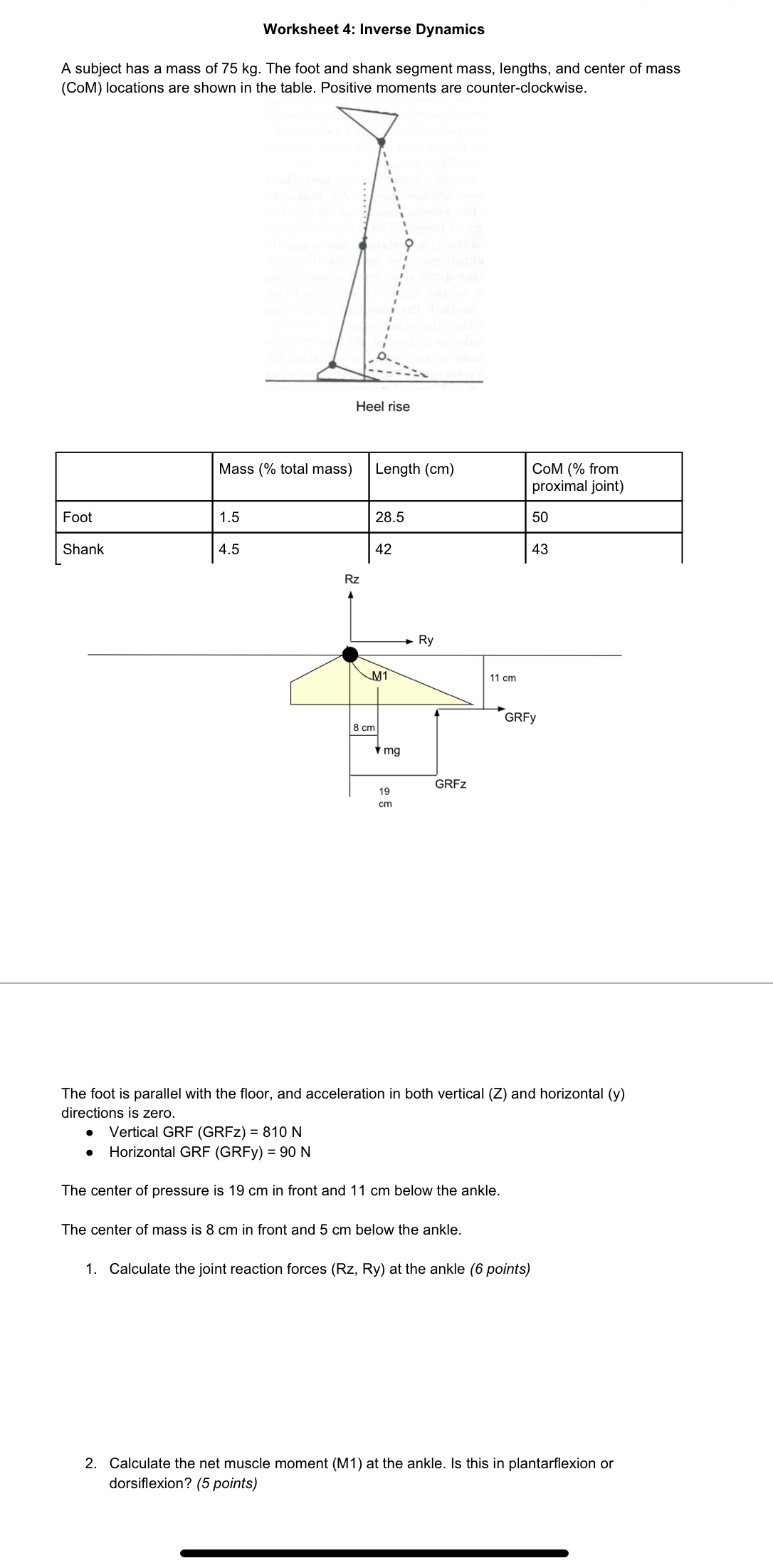 Solved Worksheet 4: Inverse Dynamics A subject has a mass of | Chegg.com