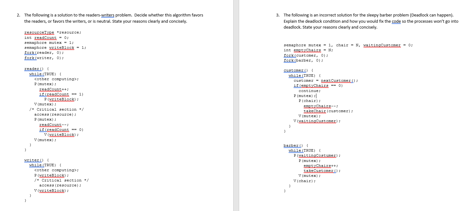 Solved 2. The following is a solution to the readers-writers | Chegg.com