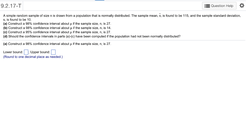 Solved 9.2.17-T Question Help A simple random sample of size | Chegg.com